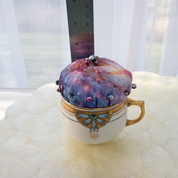 Galaxy Teacup Pincushion Hand Sewn With Craft Pearls Upcycled Austrian Cup NWOT - Picture 14 of 15